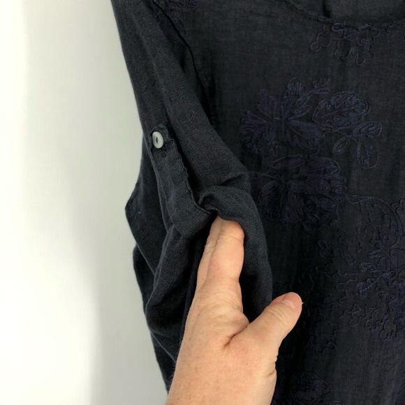 Lina Tomei Embroidered Top Womens Large Blue 100% Linen Floral Roll Tab Sleeves - Picture 4 of 13